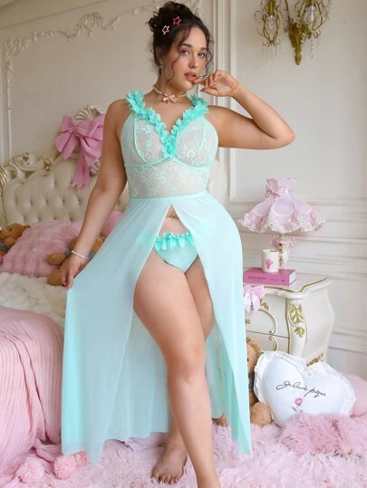 PetitDoll 2 件套加大码性感蕾丝撞色网眼吊带荷叶边花卉前开衩内衣睡袍 + 丁字裤套装