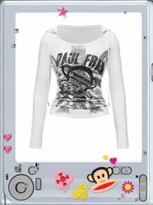 Paul Frank X ROMWE Y2K Kpop 做旧复古美式街头印花短袖连帽衫 - 白色 - 查看 10