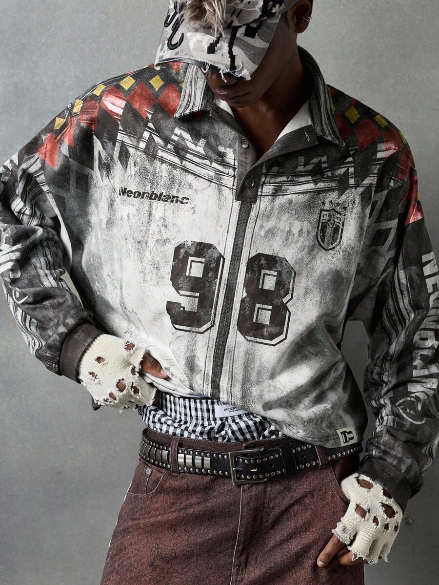 NEON BLANC 男士数码印花拉链休闲长袖 T 恤，情绪摇滚，秋季，2000 年代风格 - 黑與白 - 查看 1