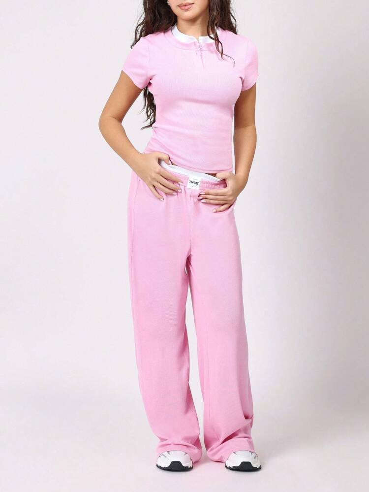 Ribbed Henley Top And Wide Leg Pants Co Ord Set