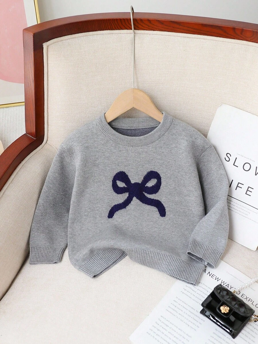 SHEIN 女童时尚提花蝴蝶结图案厚针织套头毛衣，秋冬季款 - 灰色 - 查看 1
