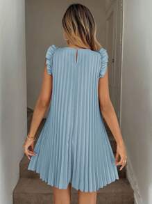 Easowa Vestido mini plisado rosa con mangas acampanadas con volantes, adecuado para vacaciones de verano románticas y atuendo para citas