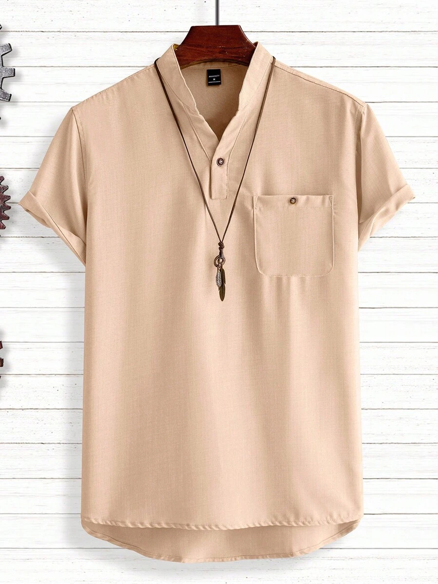 Manfinity Homme Áo sơ mi nam dáng rộng, túi nửa nút trơn không có vòng cổ - Màu be - Xem 1