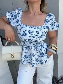 Jeta Ari 全新设计女式方领泡泡袖收腰荷叶边下摆小碎花休闲优雅衬衫 - 彩色 - 查看 3