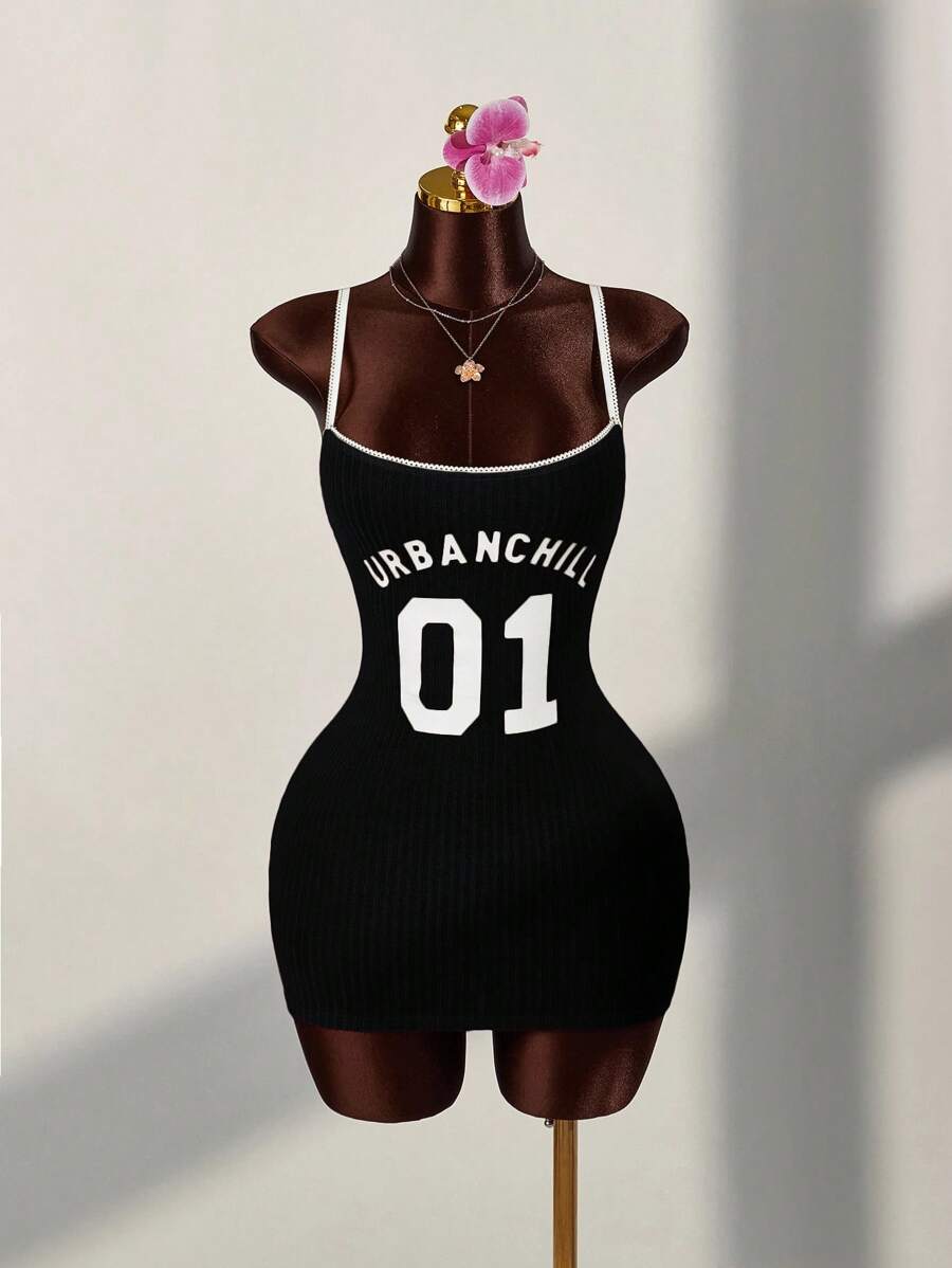 Amplova Sports Numeric Color Block Lace Patchwork Bodycon Mini Dress Black Dress - Black - View 1