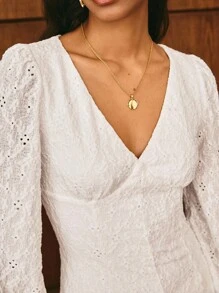 Poéselle Elegant Eyelet Lace Puff Sleeve Mini Dress For Women – White V Neck Brunch Outfiteyelet Lace Dress,White Mini DressPuff Sleeve Dress,Brunch Outfit,V Neck Lace Dress,Elegant White Dress,Fall Wedding Guest Dress - White - View 3