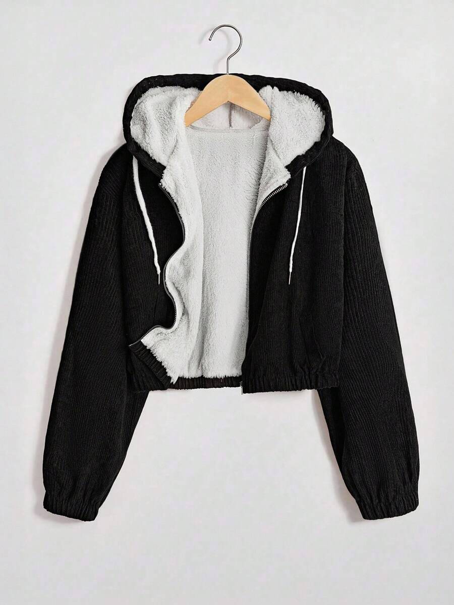 SHEIN PETITE CURVE 大码休闲百搭保暖内衬连帽夹克 - 黑色 - 查看 1