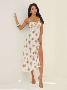 SHEIN PETITE 女士休闲度假海滩椰子树印花开衩吊带连衣裙 - 杏色 - 查看 6