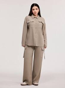 Veilorie Casual Women Shirt And Cargo Pocket Pants Two-Piece Set, Daily Wear - Khaki - View 3