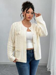 Elenzga Plus Size Casual Solid Color Knit Cardigan Fall Winter Cloth For Women Autumn - White - View 5