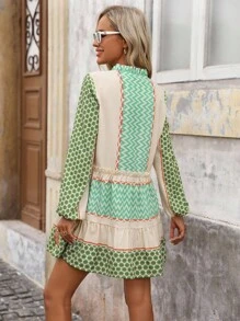 Brillora Women's Floral Wavy Striped Single-Breasted Lantern Sleeve Casual Mini Dress, Boho Dress Women, Summer Long Sleeve Dress, 70s Dress, Cottagecore Dress, Italian Summer Dress,Bohemian,Boho Chic,Boho Women Clothing,Western Wear Women,Western,Fall Clothes For Women,Fall Dress,Halloween Clothes Women,Going Out Outfits,Old Money Style Women,Old Money Dress, - Green - View 2