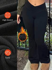 Slaydiva Plus Size Women's High Waist Crossover Design Flared Thermal Lined Leggings, Winter - Black - View 5