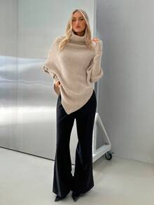 Aloruh Fall Women Clothes, Women's New Off Shoulder Wrap Long Sweater, Milky White, Autumn/Winter,Turtleneck Sweater Women., - Beige - View 3