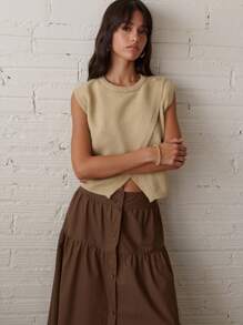 Nöista 棕色纽扣前开长裙，分层设计，高腰，适合秋季、休闲、波西米亚风、返校季 - 鏽棕色 - 查看 3
