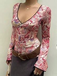 Sunnyshic Women's Paisley Print V-Neck Long Sleeve Top Fall Cloth For Women