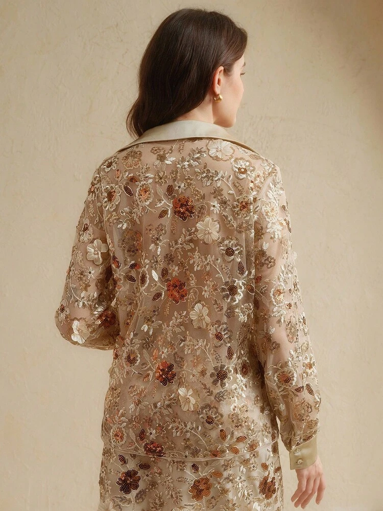 Elegante champagnerfarbene Bluse mit Blumen-Mesh-Pailletten und Langarm, geeignet für formelle Anlässe, Dates, Urlaub