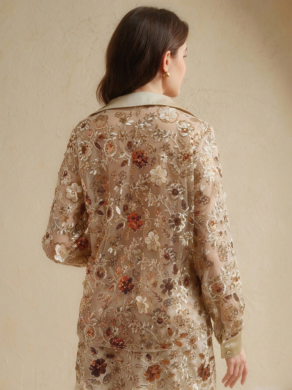 Elegant Champagne Color Floral Mesh Sequin Long Sleeve Blouse, Suitable For Formal Events, Dates, Vacation