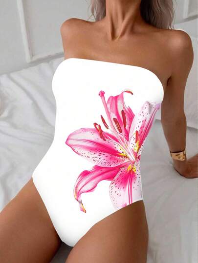 Women Elegant One-Piece Sexy Bandeau Solid Monokini Swimsuit For Summer Beach Vacation