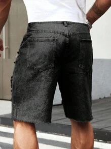 Manfinity LEGND Men's Casual Washed Distressed Denim Shorts Ripped Jean Shorts Men Ripped Shorts, Emo Style - Black - View 2