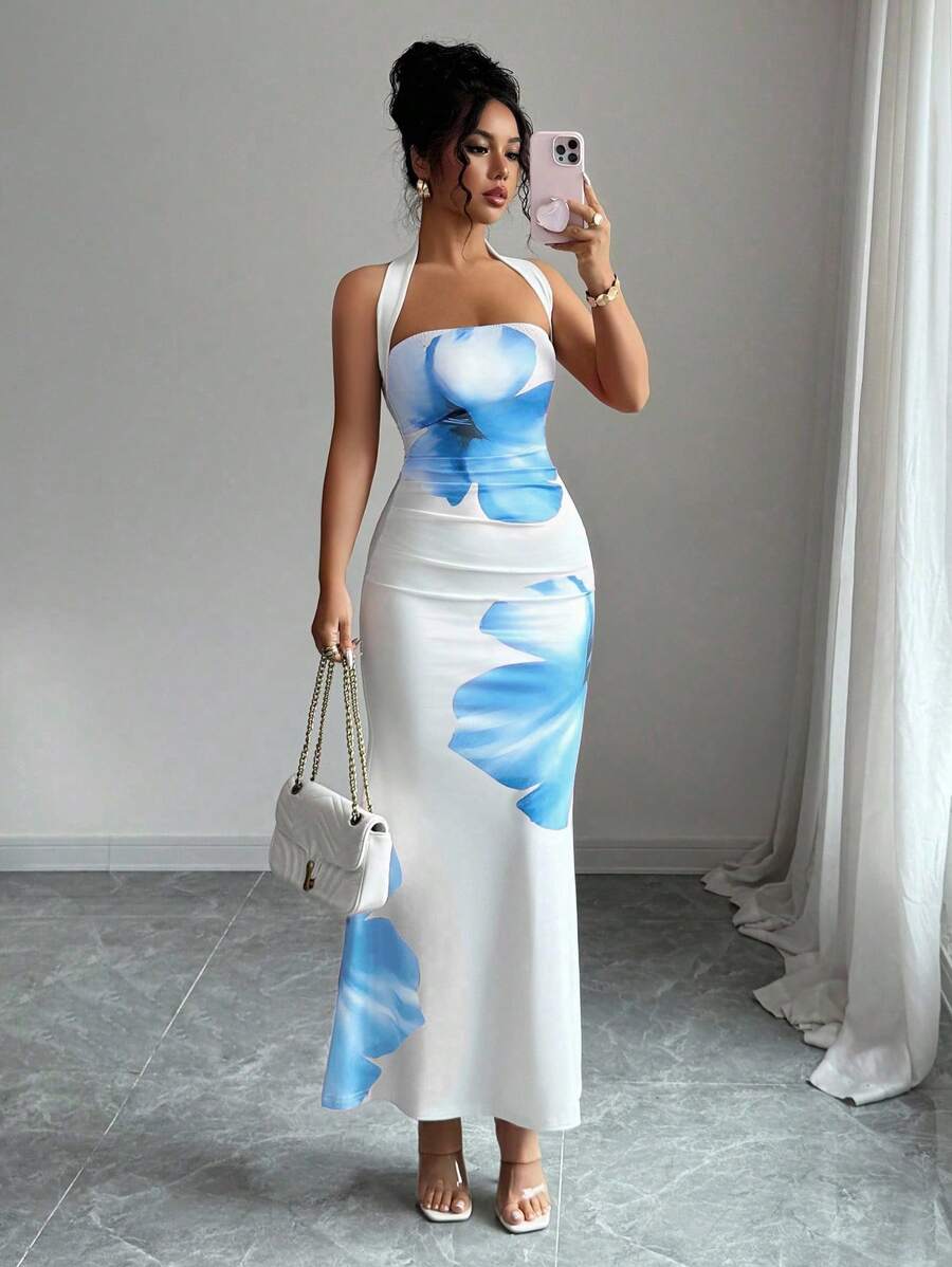 Elenzga Women's 2025 Summer Halter Tie Waist Slim Fit Printed Mid-Length Dress - Blue and White - View 1