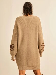 Freevana Plus Size Women Floral Embroidery Pattern Dropped Shoulder Loose Knit Sweater Dress, Casual Everyday Wear, Autumn/Winter Knit Dress Earth Tone Dress Autumn Dress Fall Clothes For Women Winter Clothes For Women Business Casual Woman Fall Clothes Plus Size Boho Rave Fairycore Office Autumn Festival Alt