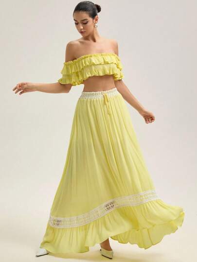 Zanirela Women's Yellow Summer Boho Fashionable Set:Ruched Blouse & Lace Patchwork Versatile A-Line Skirt,Garden Party Holiday Sundress For Beach Festival