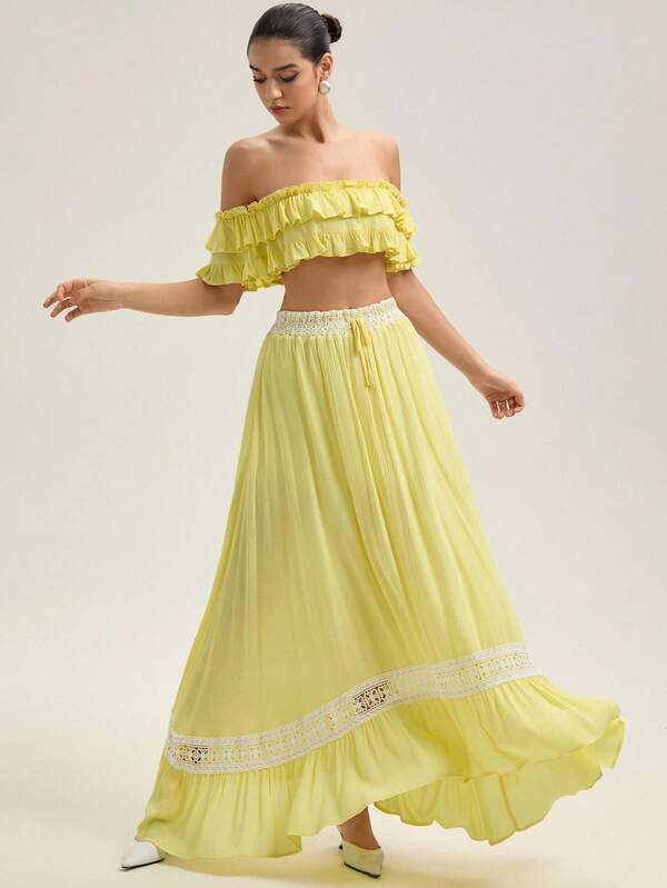 Aveloria Rosie Fashionable Set: Ruched Ruched Blouse & Lace Patchwork Versatile A-Line Skirt, Women's Summer Dress, Sundress, Suitable For Country Music Festival, Beach Holiday, Teacher's Club, Cute