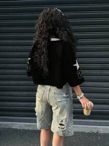 SHEIN EZwear 女式休闲V领宽松短款五分袖网眼T恤