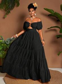 Maweii Plus Size Solid Color Off-Shoulder Dress, Casual Holiday Style - Black - View 6