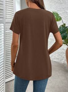 SHEIN Clasi 女士纯色休闲宽松V领T恤 - 摩卡棕 - 查看 2