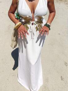 Sunnyshic Vestido dividido con parches brillantes y de unicolor de alta gama para tallas grandes y sexy - Blanco - Ver 4