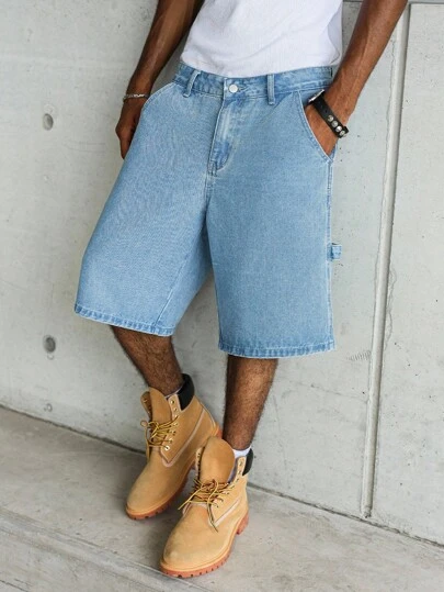 Manfinity Hypemode 男式休闲街头风格多口袋蓝色牛仔工装短裤