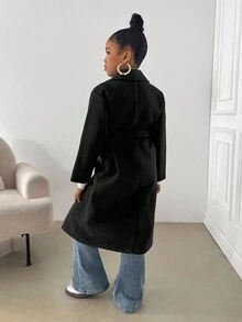 SHEIN 女童纯色休闲翻领长袖外套，秋冬外套，黑色长款大衣，女童长款风衣，儿童女童大衣 - 黑色 - 查看 2