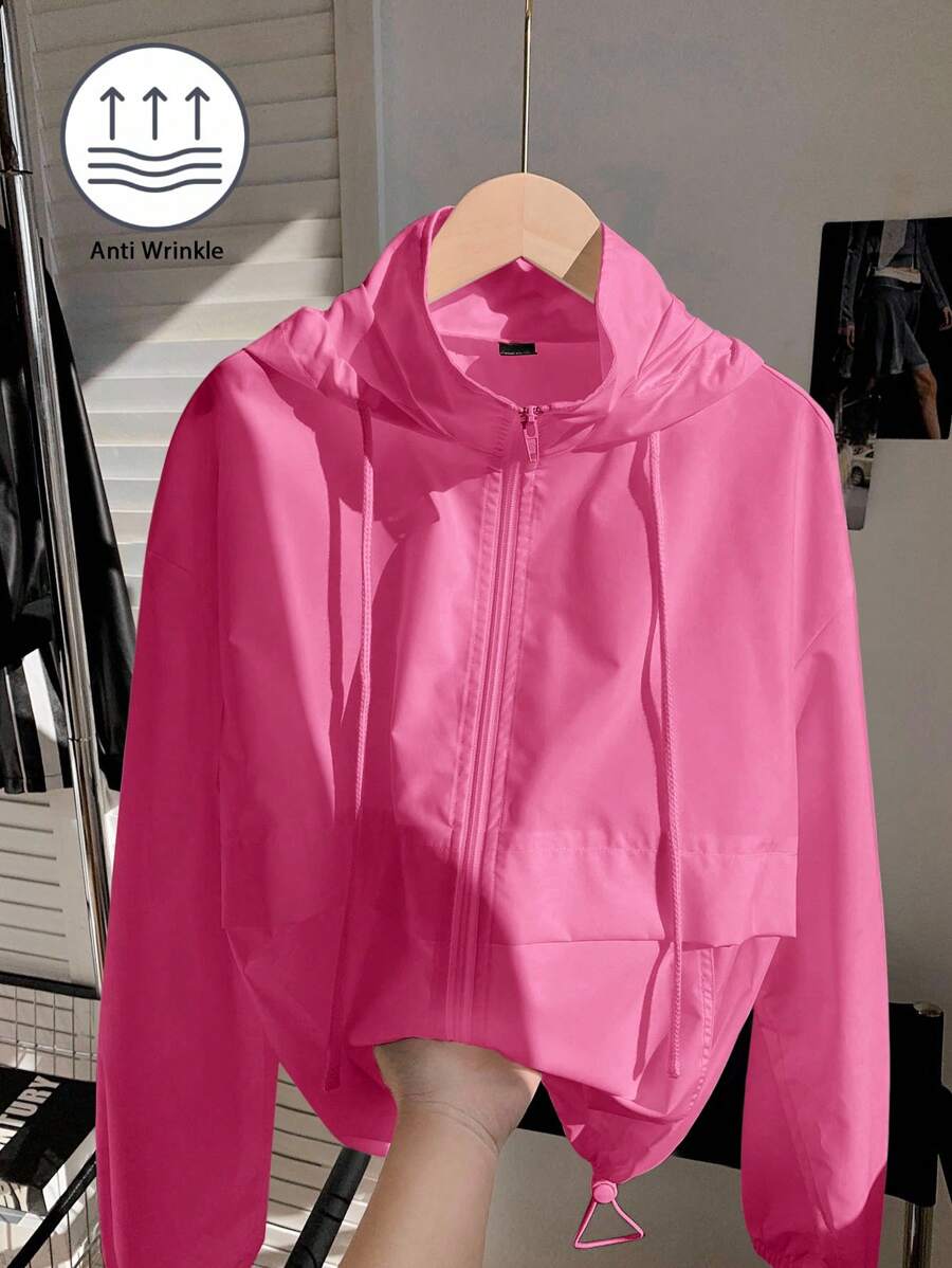 Comfortcana Women's Solid Color Long Sleeve Zipper Collar Drawstring Hooded Sun Protection Jacket In Fall/Winter - Hot Pink - View 1