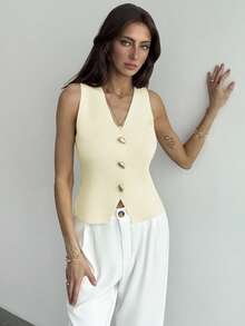 Aloruh 女士金属单排扣V领休闲针织背心 - Butter Yellow - 查看 7