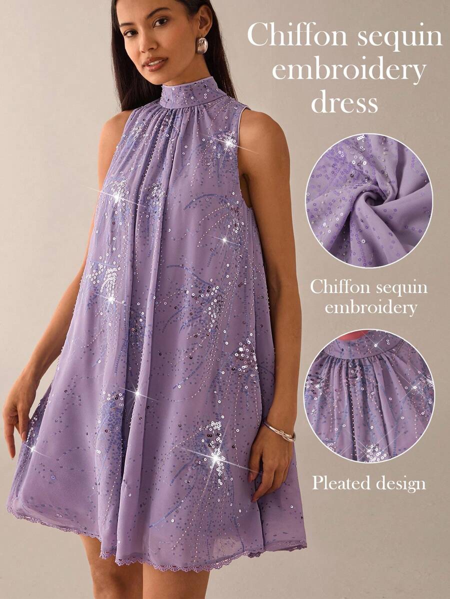 Lilora Elegantes und romantisches lila Chiffon-Pailletten-Minikleid ohne Ärmel, locker geschnitten, geeignet für Frühling/Sommer