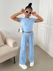 SHEIN Tween 女童休闲纯色针织长袖上衣和直筒裤套装，返校装 - 藍色 - 查看 3