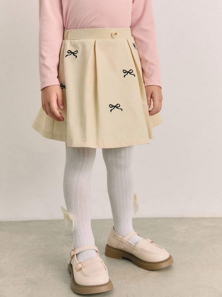 Maija Kids Maija Kids Young Girl Bow Decor Casual Versatile Minimalist A-Line Skirt Fall Winter - Apricot - View 1