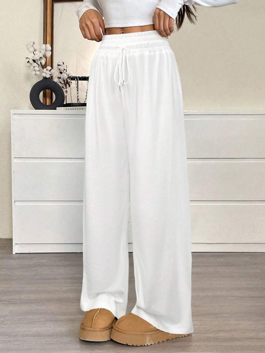 SHEIN EZwear Plus Size Casual Solid Color Drawstring Waist Sweatpants Loose Pants For Women White Lounge Pants - White - View 1