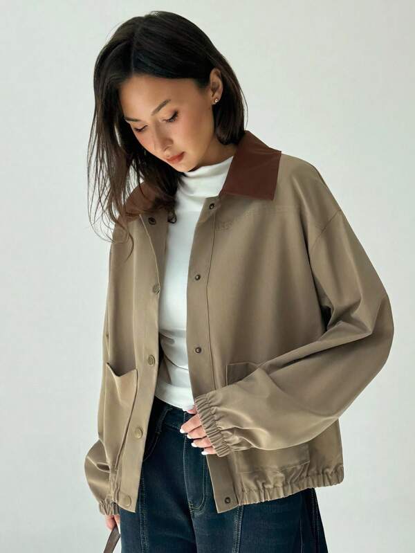 Aloruh Veste décontractée régulière à manches longues, à épaules tombantes, à col contrasté et à simple boutonnage pour femmes