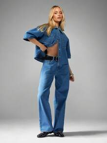 MISSGUIDED Calça jeans de cintura alta com perna reta e detalhes cravejados, calças largas com rebites e bolsos enfeitados, moda festa, boate, noite, peça de moda, calça jeans estética