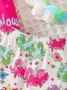 SHEIN 2pcs/Set Young Girls' Colorful Dopamine Unicorn Print Round Neck Short Sleeve Top And Elastic Waist Shorts, Summer, School, Campus, College Summer Holiday - Hot Pink - View 3