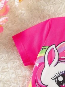 SHEIN 2pcs/Set Young Girls' Colorful Dopamine Unicorn Print Round Neck Short Sleeve Top And Elastic Waist Shorts, Summer, School, Campus, College Summer Holiday - Hot Pink - View 4