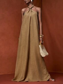 Zivah Váy maxi hai tông màu đỏ nâu bằng sợi tre dáng chữ A rộng thùng thình cho nữ - Rỉ Nâu - Xem 7