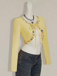 SHEIN ICON Áo thun nữ tay dài dáng croptop đính đá lấp lánh màu vàng bơ đính cườm, thắt nơ phía trước, thời trang thu đông - Màu vàng - Xem 7