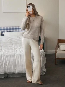 Louniche Solid Drop Shoulder Sweater,Long Sleeve Tops - Khaki - View 5