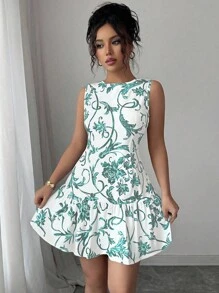 Elenzga 最新款花卉印花圆领无袖收腰女式迷你连衣裙，春夏