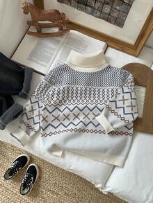 SHEIN Young Boy Geometric Pattern Turtleneck Long Sleeve Casual Sweater Fall Winter - Multicolor - View 3