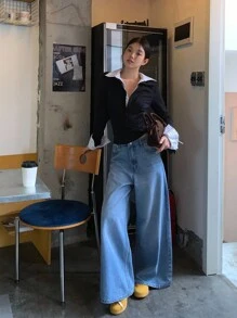 DAZY 女式韩版亮片装饰宽松牛仔裤 - 藍色 - 查看 6