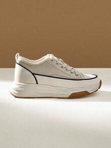 CUCCOO EASI 女式米色增高帆布运动鞋，双色鞋底，休闲系带运动厚底运动鞋